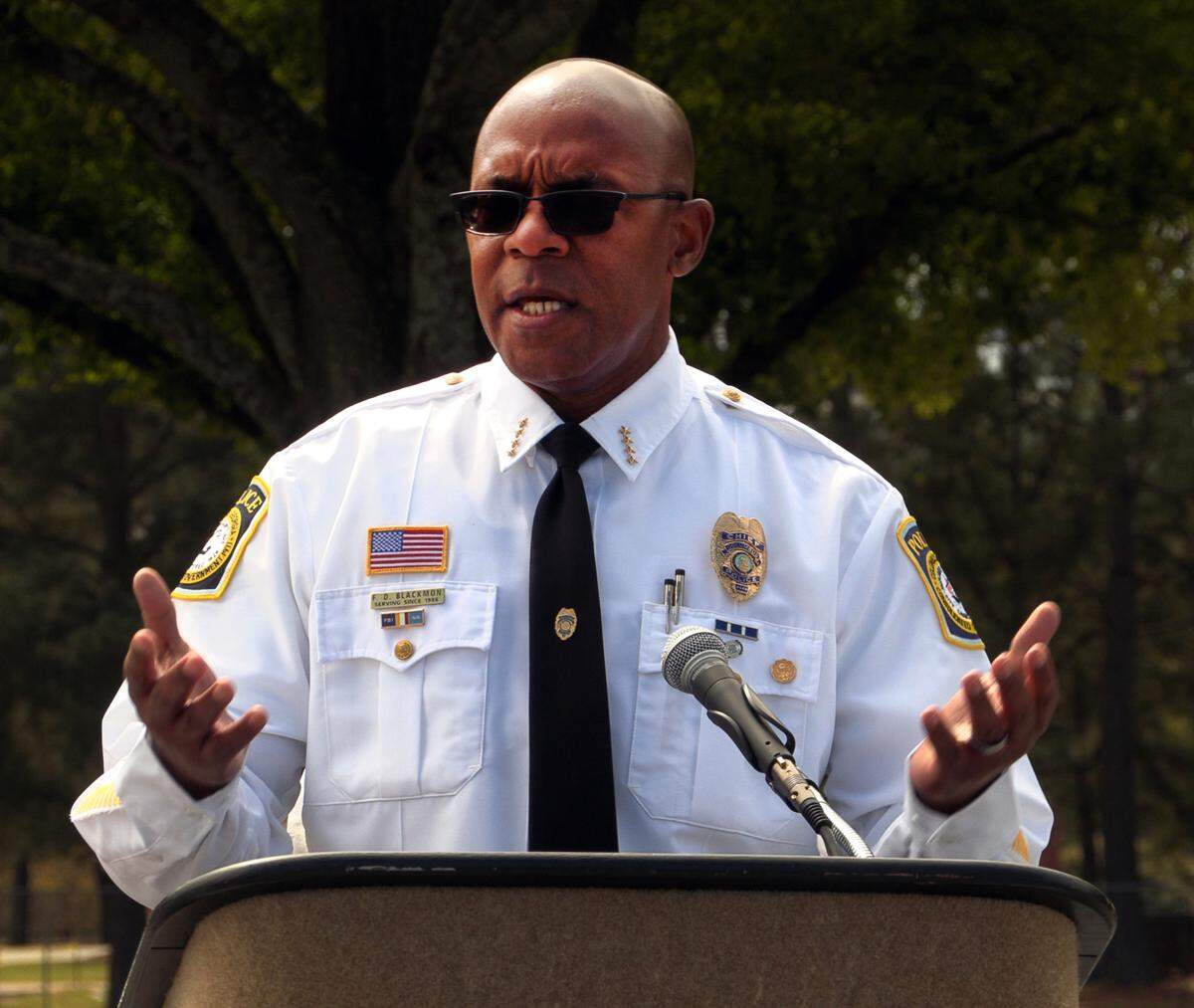Columbus Police Chief Freddie Blackmon speaks March 18, 2023, to participants in the “Stop the Violence Motorcade” event after they returned to the parking lot at the Columbus Civic Center.