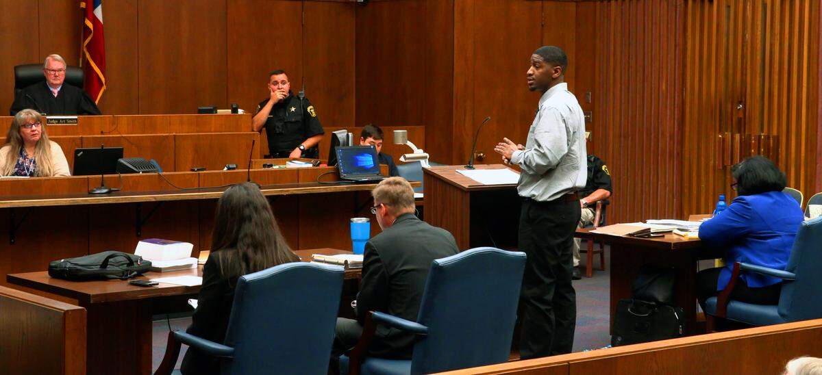 Malcolm Jamaine Jackson makes his opening statement to jurors Tuesday morning in Superior Court Judge Art Smith’s courtroom., Jackson, the estranged boyfriend of Ebony Giddens, a young Columbus mother of three missing for more than a year, is representing himself as he’s tried on charges of assaulting and stalking Giddens, who was 27 when she disappeared March 12, 2018. Giddens won’t be available to testify in Jackson’s trial, because authorities still don’t know what became of her. A $10,000 reward for tips in her disappearance has yet to yield results. Jackson, 30, is charged with aggravated assault, aggravated stalking and using a gun to commit a crime, in connection with an incident reported March 9, 2018, three days before Giddens vanished.