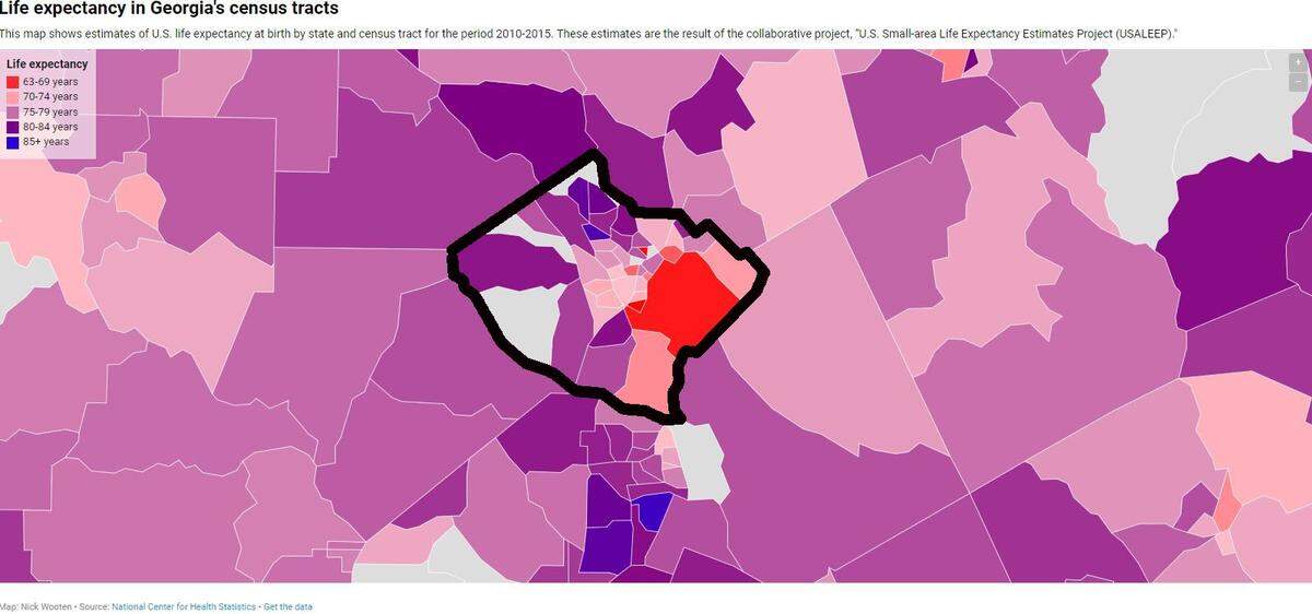 Life expectancy in Bibb County’s census tracts.