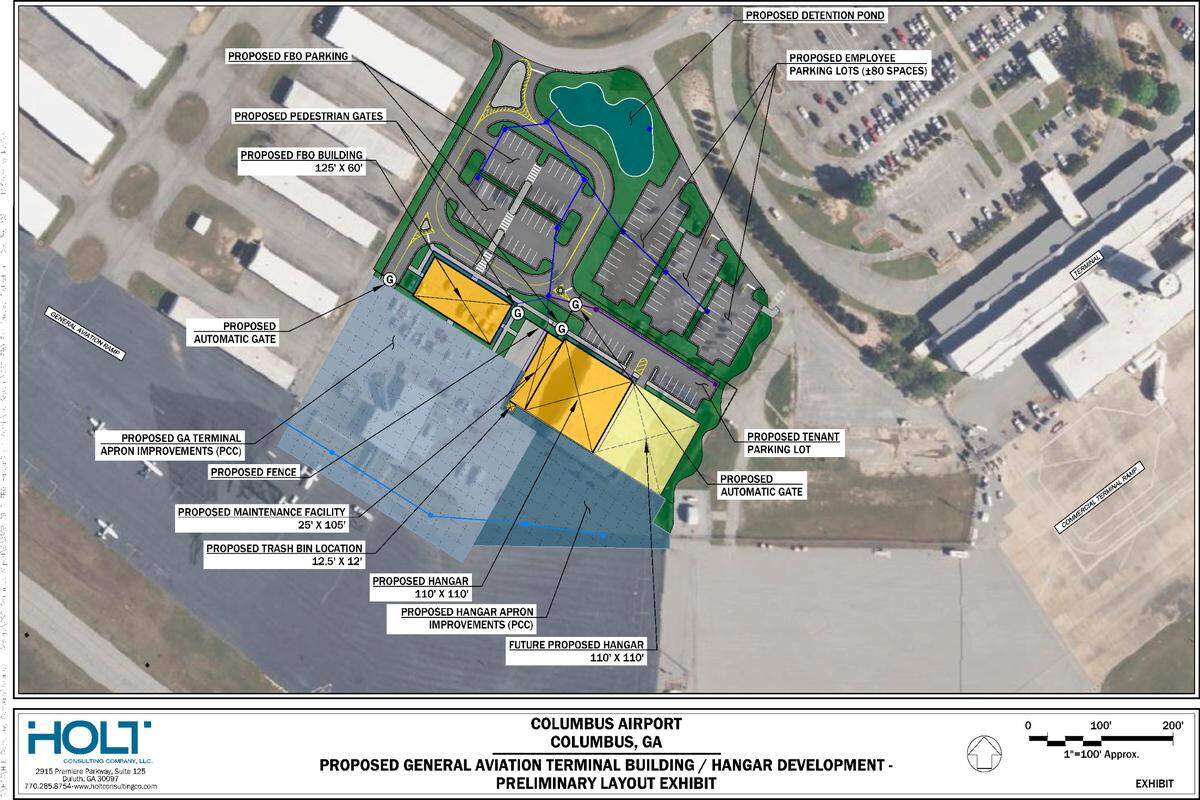 This site plan shows the proposed general aviation terminal building at the Columbus Airport.