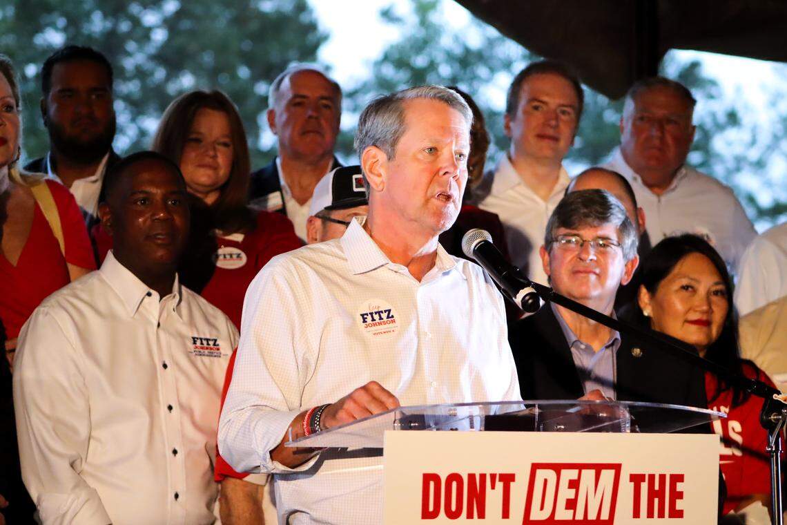 Georgia Gov. Brian Kemp speaks in support of incumbent Republican Public Service Commission candidates Fitz Johnson and Tim Echols during a rally Oct. 7, 2025, in Cumming.