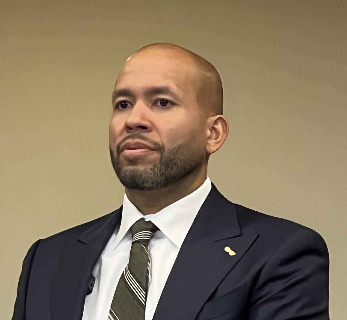 Jason Esteves, a Democratic gubernatorial candidate in Georgia, participates in the Saving Democracy Forum in Columbus on March 12, 2026, at the Page-Doleman Complex, 800 Eighth Street.