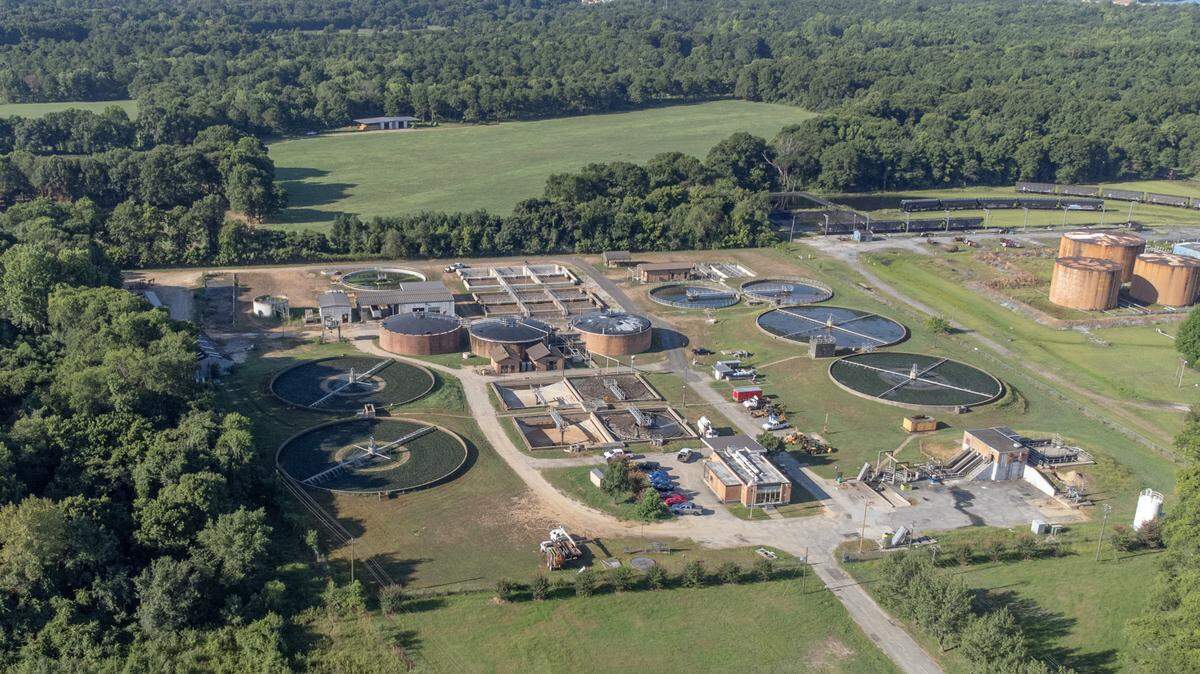 Chattahoochee Riverkeeper Drone captures the Phenix City Waste Water Treatment Plant, 1600 E. State Docks Road, Phenix City, AL, on 6/10/24. The plant is accused of violating the Clean Water Act and Alabama Water Pollution Control Act