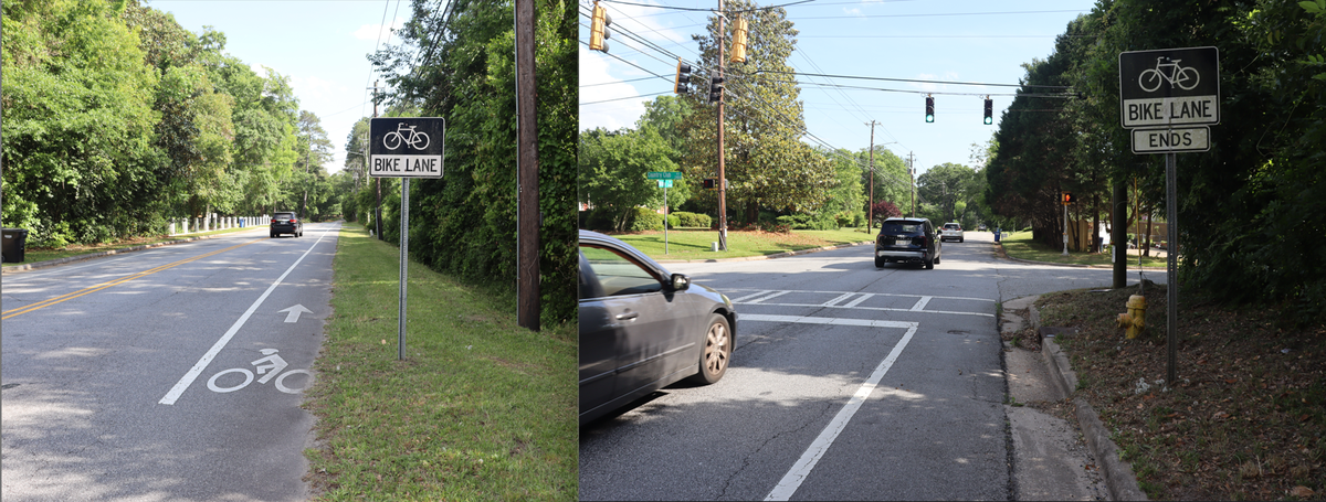 Left: The beginning of the .6 mile bike lane, one of six that CCG created around 2015. The bike lane starts at Hilton Avenue and Edgewood Road. Right: The end of the .6 mile bike lane at Hilton Avenue and Country Club Road.
