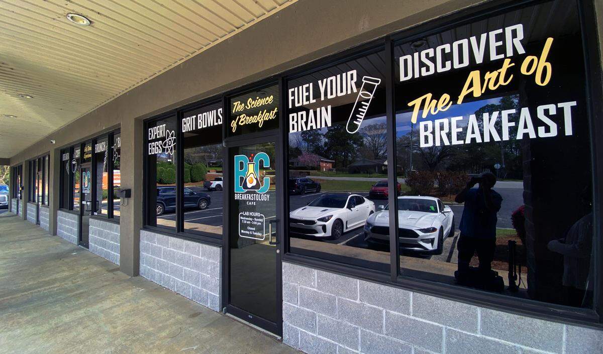 Logan Henderson has opened Breakfastology at 5156 River Road in Columbus, pictured March 10, 2026.. She describes the restaurant as having a “science” concept, emphasizing the mix-and-match flavor profile that inspires the Breakfastology menu. The restaurant serves standard breakfast items, like shrimp and grits and omelets, mixed in with unique combinations.