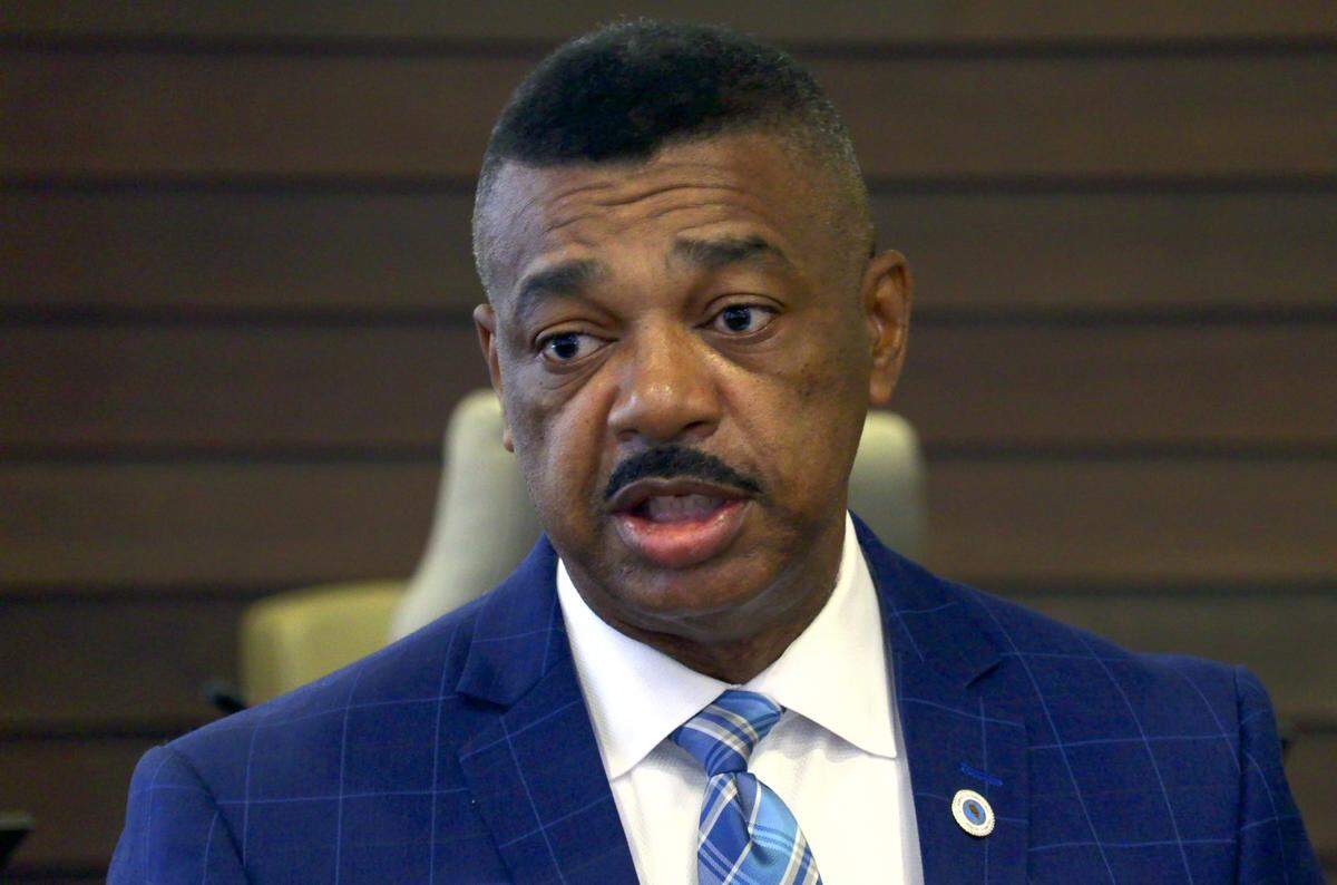 Columbus City Manager Isaiah Hugley speaks during an Aug. 10, 2020, news conference at the City Services Center in Columbus.