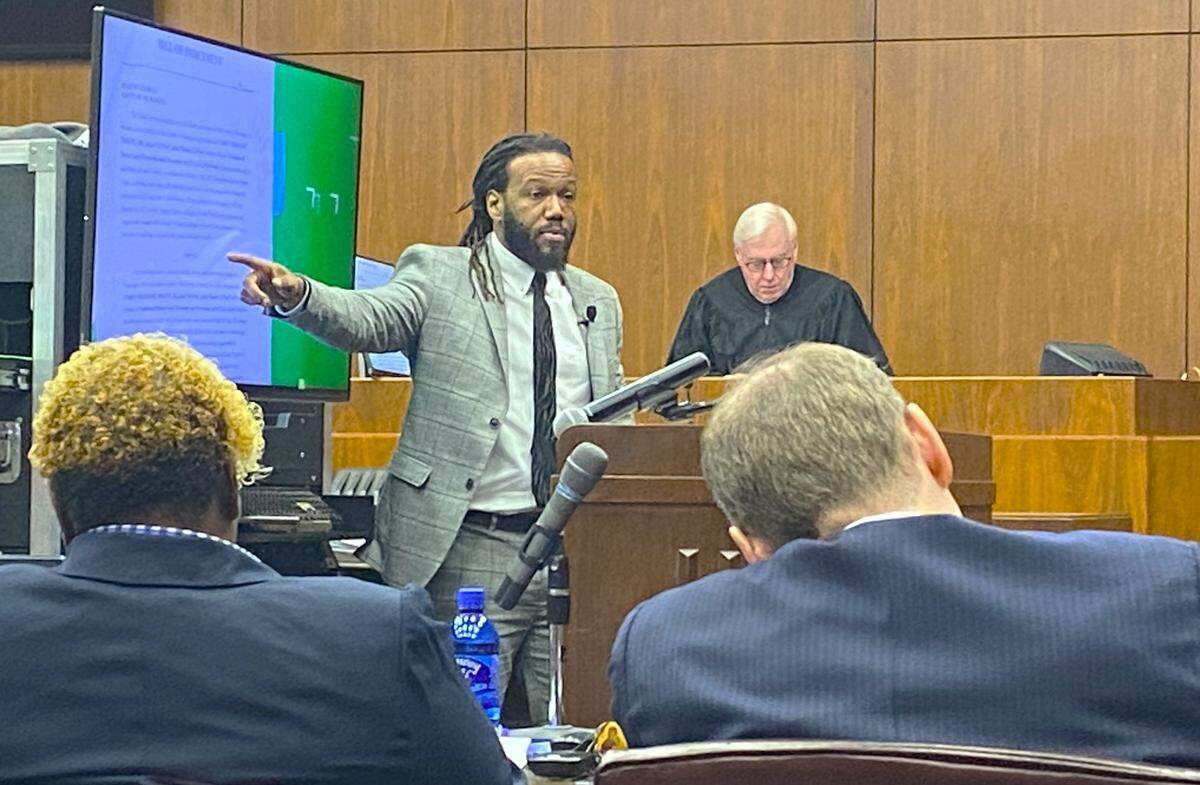 Attorney William Kendrick, representing defendant Corey Troupe Jr., makes his closing argument to jurors in the Insane Crips gang murder trial for the June 2021 death of Marcel Samedi at Columbus’ Wilson Homes apartments.