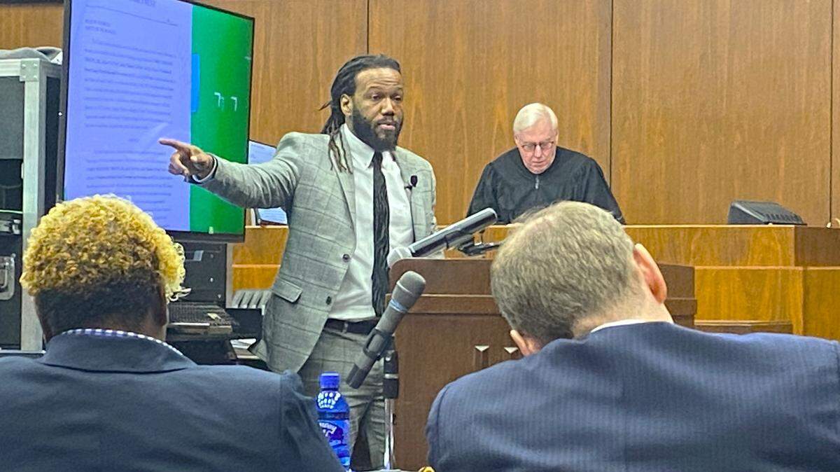 Attorney William Kendrick, representing defendant Corey Troupe Jr., makes his closing argument to jurors in the Insane Crips gang murder trial for the June 2021 death of Marcel Samedi at Columbus’ Wilson Homes apartments.
