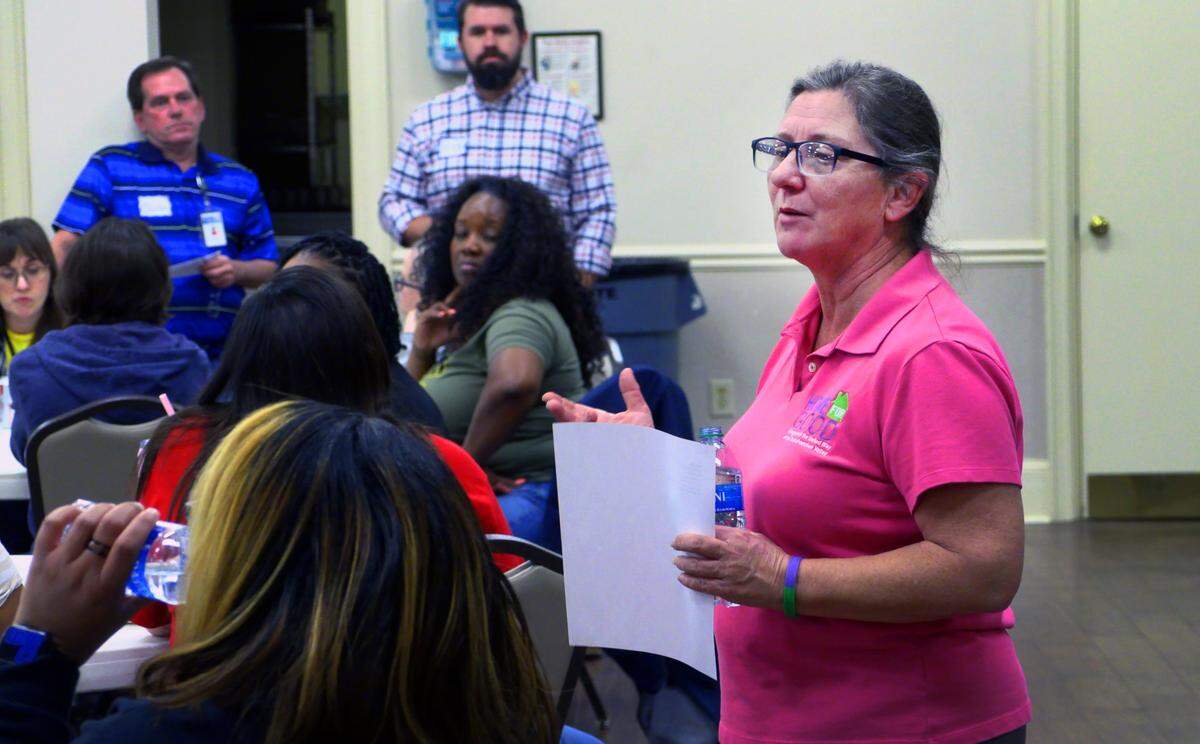 Pat Frey, vice president, Home for Good, at the United Way of the Chattahoochee Valley, right, speaks with volunteers participating in the annual Point In Time Count on Jan-29-30, 2024. Volunteers surveyed people experiencing homelessness with both a sheltered count and an unsheltered count.