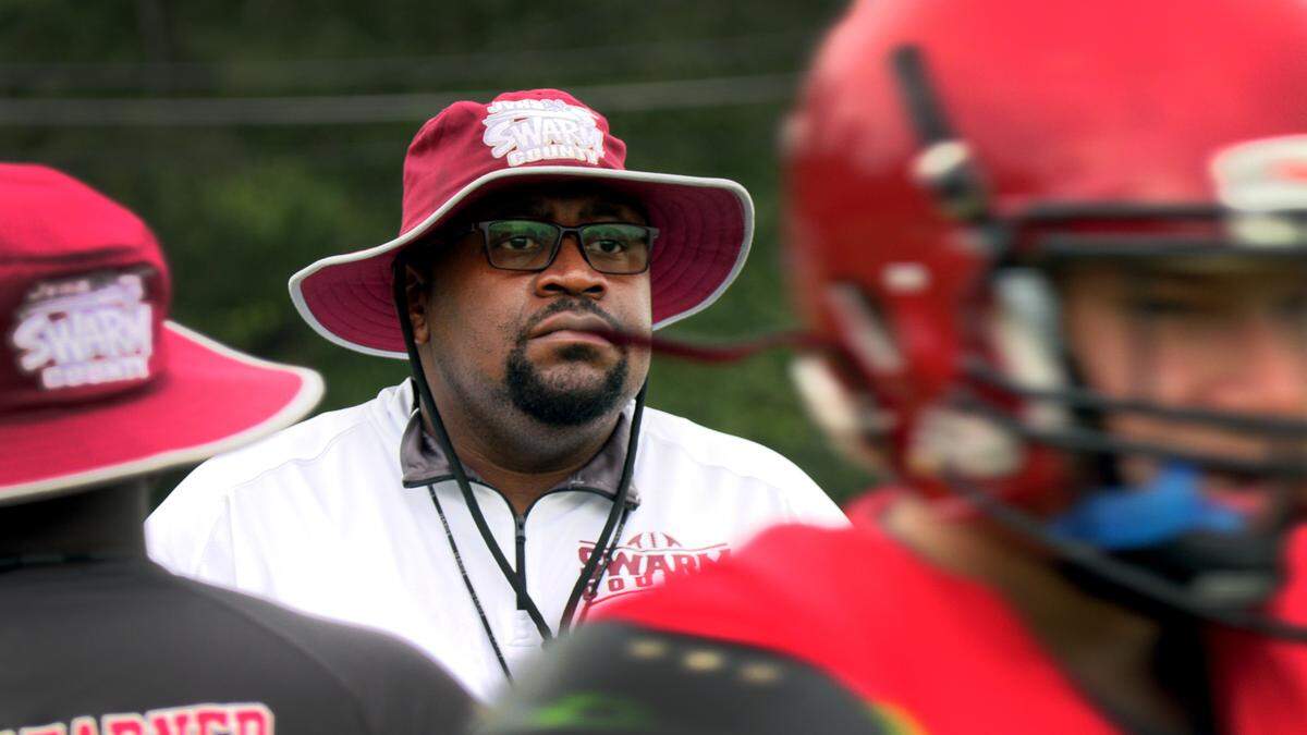 Kadale Jenkins, the head football coach at Jordan Vocational High School in Columbus, Georgia, leads his team through practice Monday evening. 08/22/2022