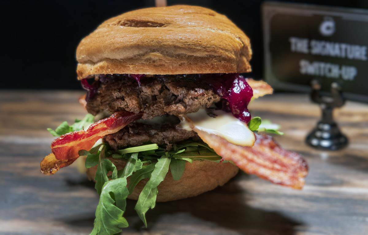 The Signature Switch Up will be a rotating homestand burger special during Columbus Clingstones this year at Synovus Park in Columbus, Georgia. This is the Hot Jam Slam, pictured March 19, 2026.