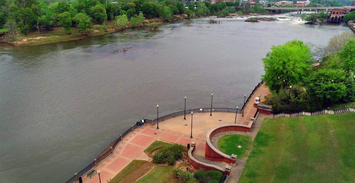 This is a view looking northwest over the Chattahoochee River, with the Columbus Riverwalk in the foreground. 04/14/2022