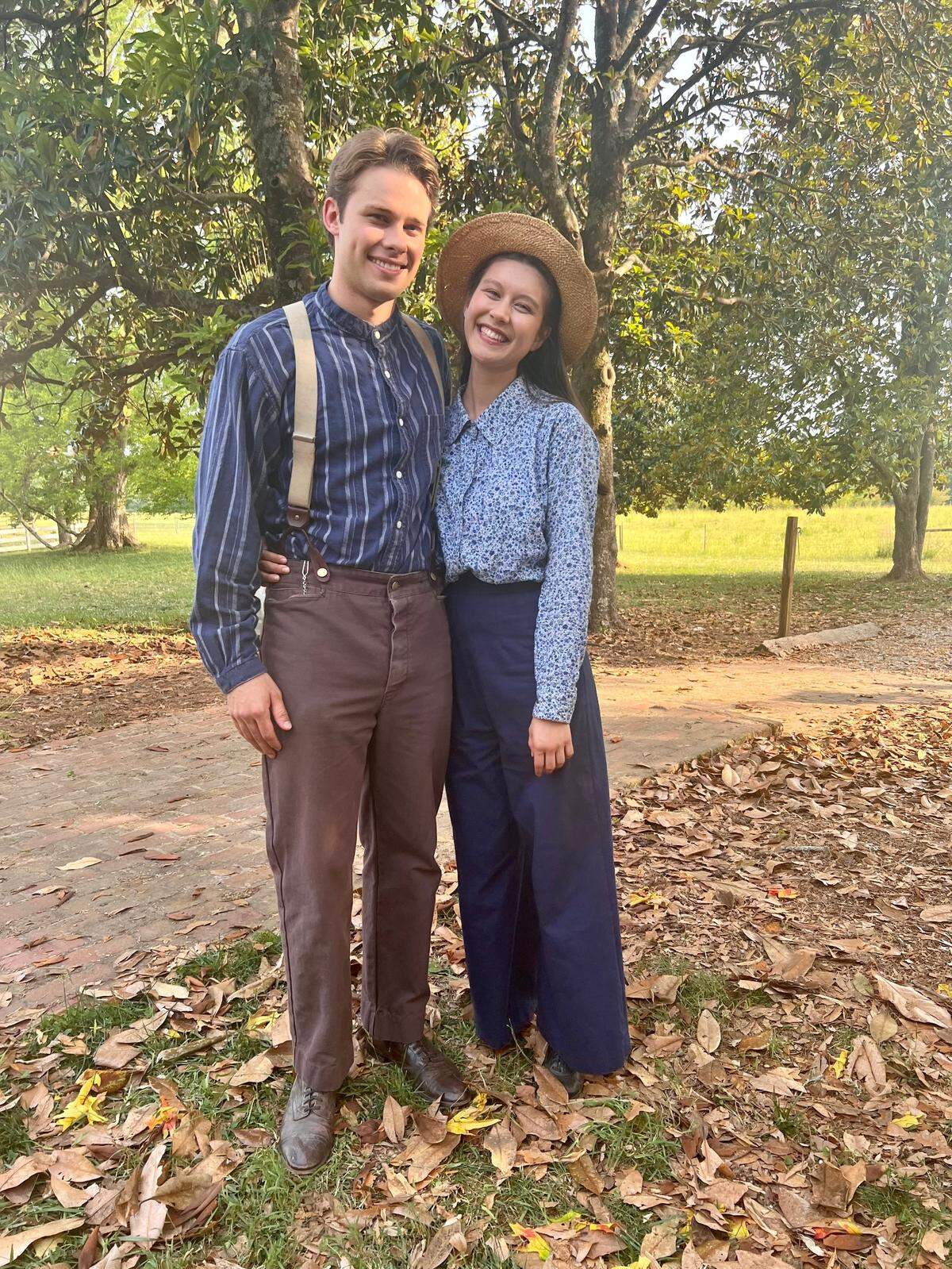 Logan Shroyer (John-Boy) and Vivian Lee-Boulton (Edith) pose in May 2022 for a photo on the set of “A Walton’s Thanksgiving” in Georgia.