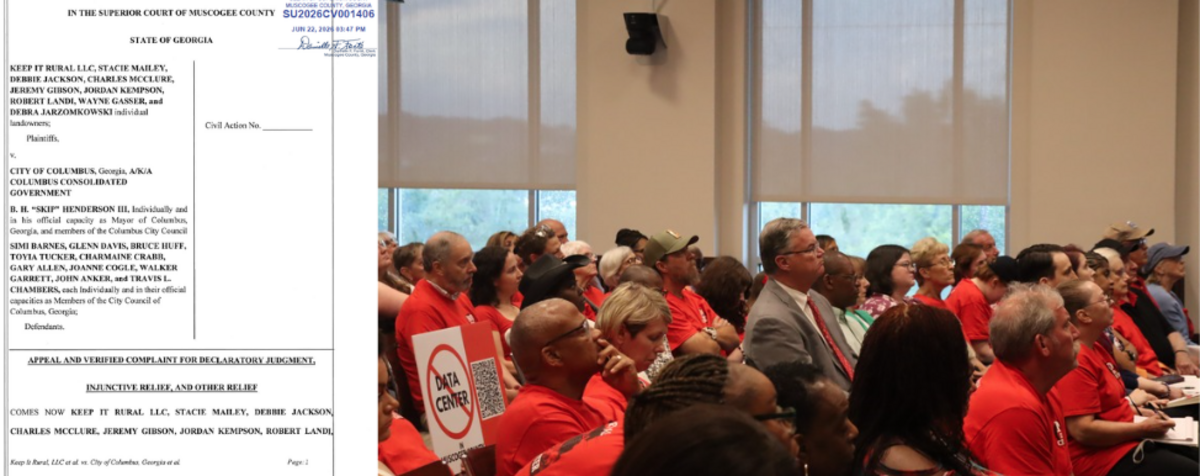 Left: Lawsuit between homeowners in Upatoi and Keep It Rural LLC against the City Council members of Columbus, GA. Right: Attorney Jonathan Waters sits and listens during the first reading of the Technology Overlay on June 2, 2026.