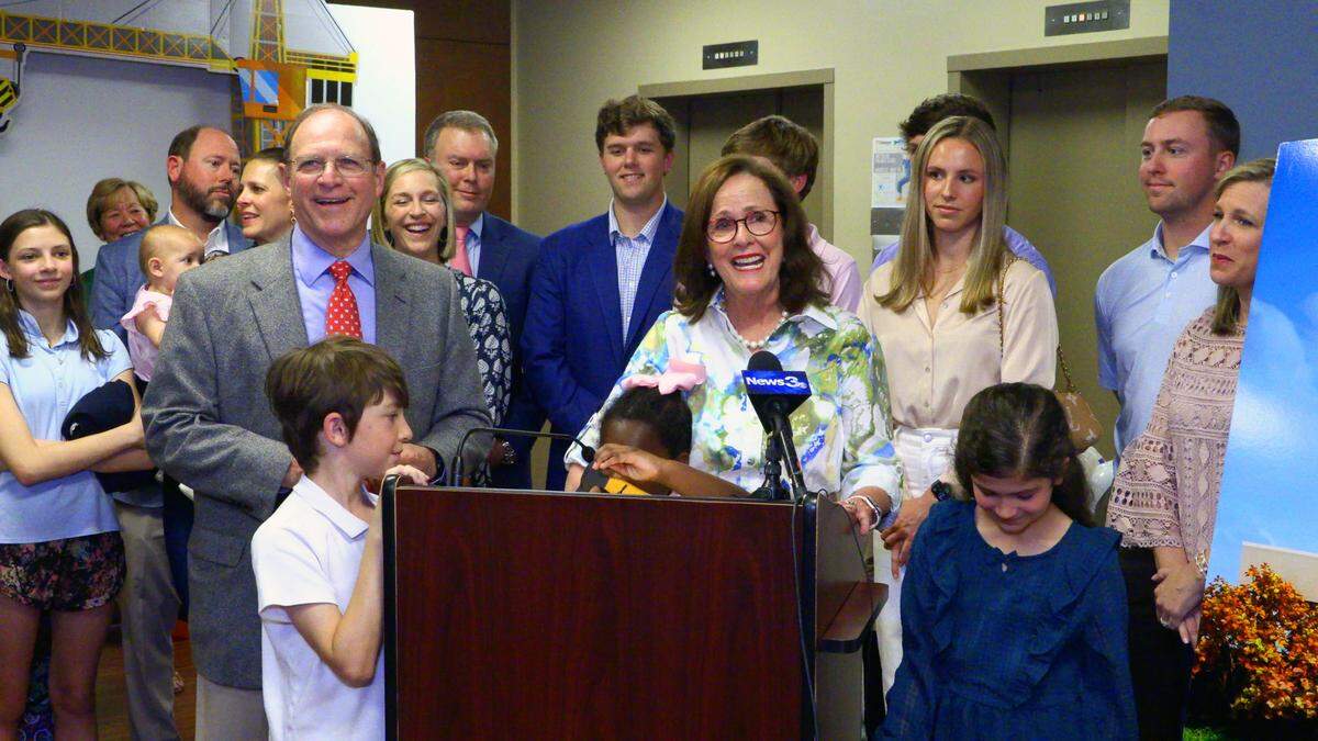 Surrounded by family members, Bettye and Cecil Cheves speak at a Thursday afternoon ceremony announcing that Piedmont Columbus Regional plans to create a freestanding Children’s Hospital in Columbus that is expected to open in 2024. The project is made possible by a donation from the Bettye and Cecil Cheves family.