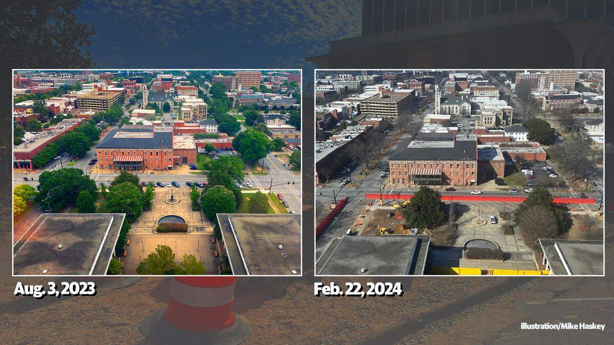 Construction of the new justice center in downtown Columbus, Georgia has impacted trees located on the 10th Street side of the Columbus Government Center between 1st and 2nd Avenues. Left: Aug. 3, 2023 photo by Tim Chitwood, Right: Feb. 22, 2024 photo provided by Judge Gil McBride.