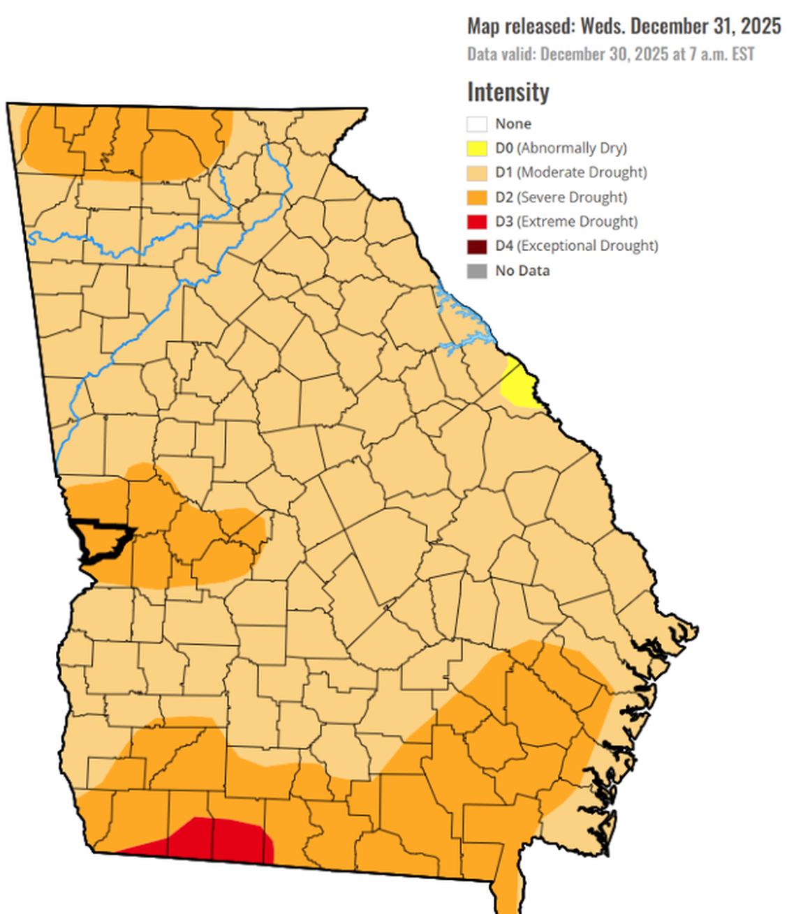 Georgia’s drought has gone on for weeks, with 99.6% of the state experiencing drought conditions as of Dec. 30, 2025. Muscogee County is in the severe drought category.