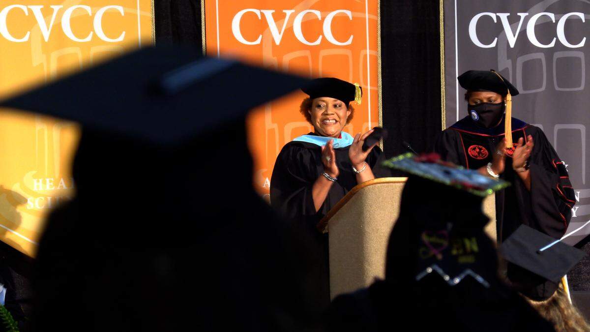 Jackie Screws, then president of Chattahoochee Valley Community College, speaks during CVCC’s graduation ceremony May 12, 2021, in the Columbus Convention & Trade Center.