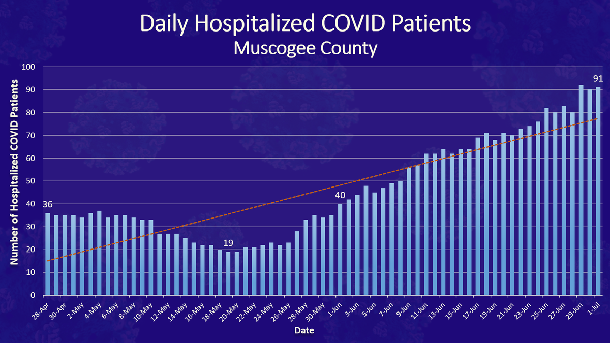 The office of Columbus Mayor Skip Henderson released this graph on July 2, which depicts the number of patients hospitalized in Muscogee County every day.