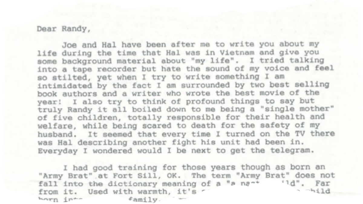 The Moore children keep a copy of the letter their mother wrote to share the experience of being an Army spouse with the director and screenwriter for We Were Soldiers, an adaptation of her husband’s book.