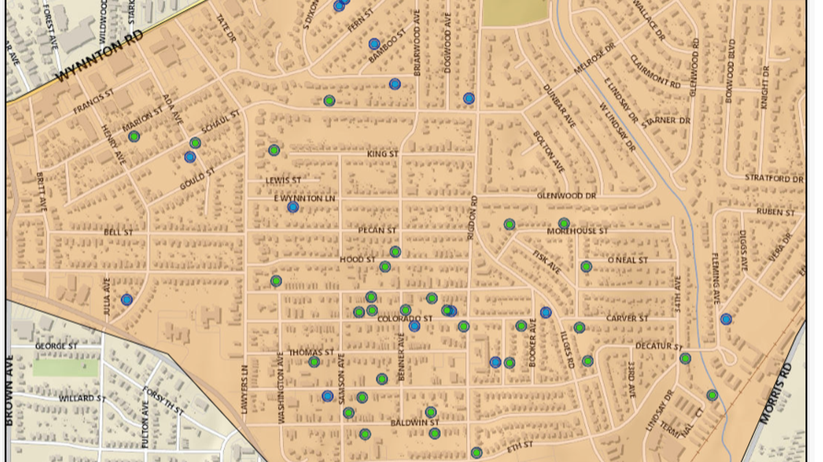 Screenshot the second phase of properties qualified for foreclosure in Columbus between Morris Rd and Wynnton Rd. There is a variety of parcels with vacant land and structures. Courtesy of Columbus Consolidated Government.