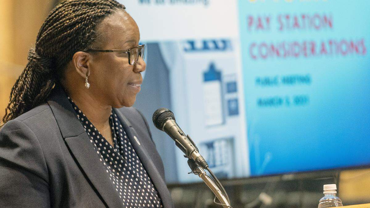 Lisa Goodwin, deputy city manager, discusses proposed updates to downtown Columbus parking during a public meeting at the Columbus Convention and Trade Center on Tuesday night.
