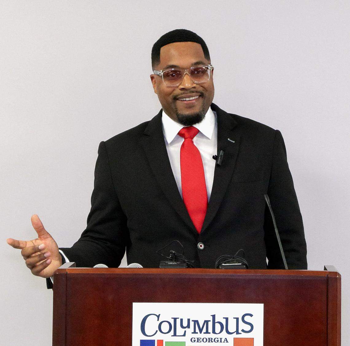 Chris Kelley announces during a Feb. 27, 2026, news conference at the City Services Center in Columbus he is withdrawing his candidacy for the Columbus Council District 7 seat.