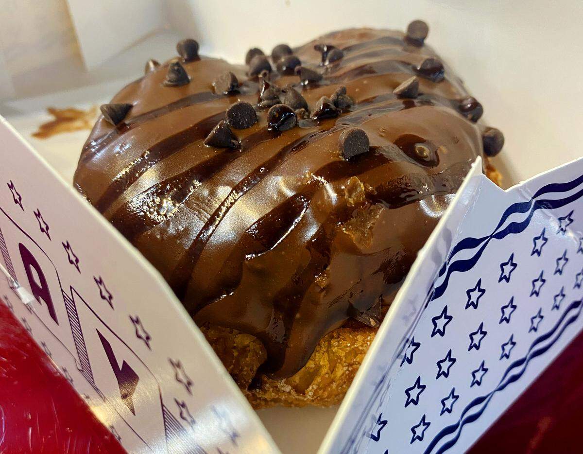 This is the “Chocolate Chocolate” layered doughnut from Parlor Doughnuts in Highside Market, 211 13th St., in downtown Columbus. 06/04/2025