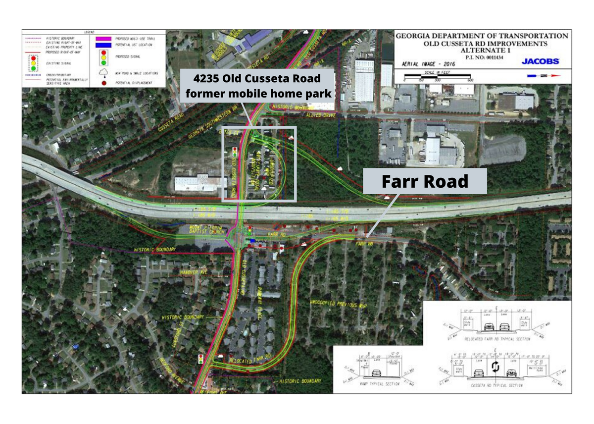 A map shows the Federal Highway Administration-approved concept for the I-185 interchange at Old Cusseta Road. The map is rotated 90 degrees to the right, showing the highway running east to west instead of north to south.