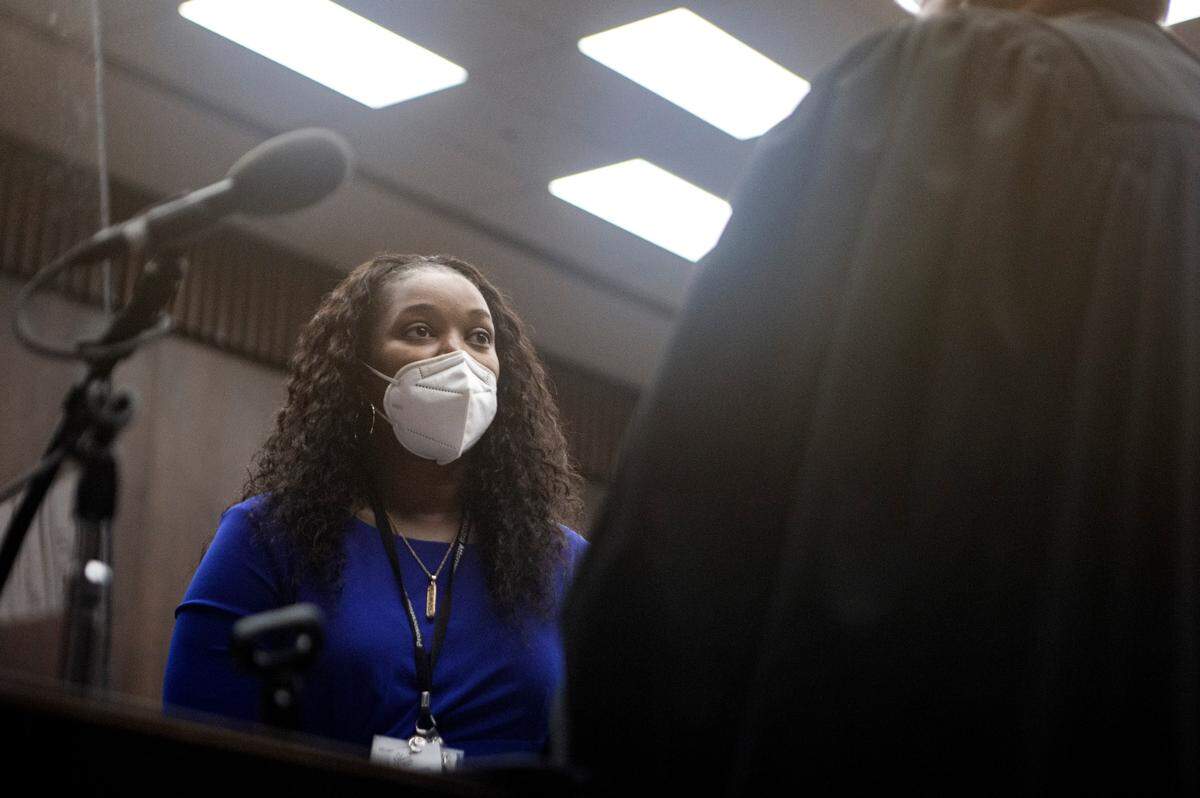 Sheneka Terry swears in as acting Muscogee County District Attorney at the Government Center on Oct. 6, 2021, in Columbus, Ga. Terry succeeds DA Mark Jones after he was suspended following an indictment, including bribery, in September.