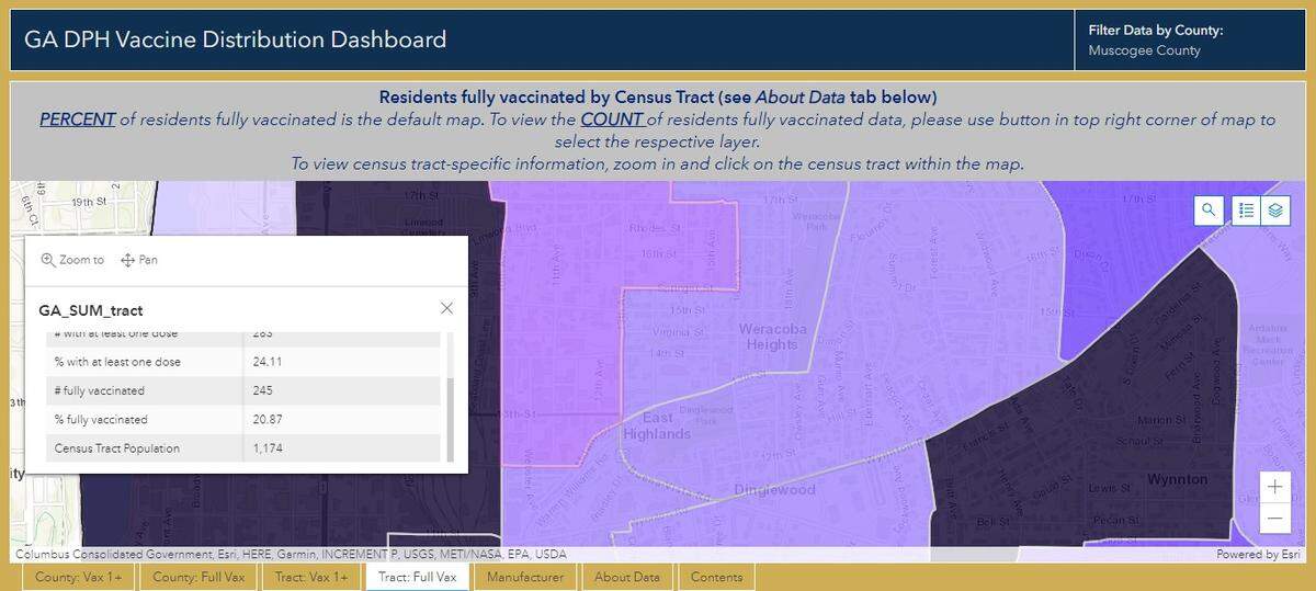 Screenshot of census tract information found on the Georgia Department of Health’s COVID-19 Dashboard. The data is current as of Oct. 5.