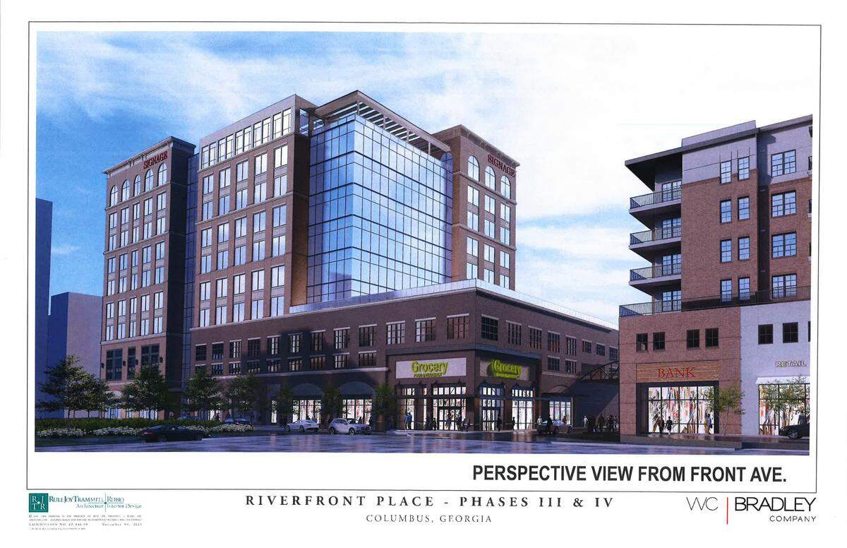 This architectural rendering of phases three and four of W.C. Bradley’s Riverfront Place development in Columbus, Georgia shows a perspective view from Front Avenue.