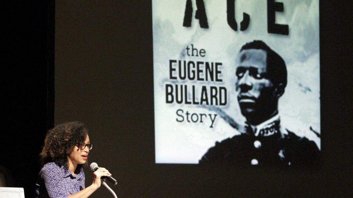ROBIN TRIMARCHI rtrimarchi@ledger-enquirer.comAuthor Natalie Naman Temesgen of Columbus addresses the Springer Opera House audience after the announcement that her play "Ace: the Eugene Bullard Story" will be presented in April 2017 as part of the Studio II series in the McClure Theatre. The 2016-17 season of musicals, dramas and children's productions was announced from the mainstage Thursday.  02.18.16