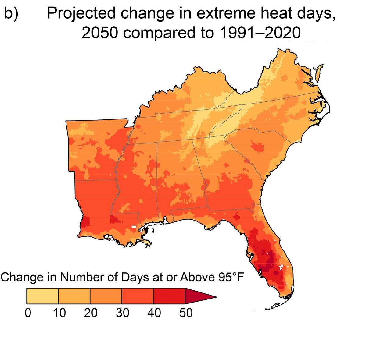 Projected increase in the number of extreme heat days (maximum temperature at or above 95°F) in 2050 relative to 1991–2020 under a high scenario from the fifth national climate assessment.