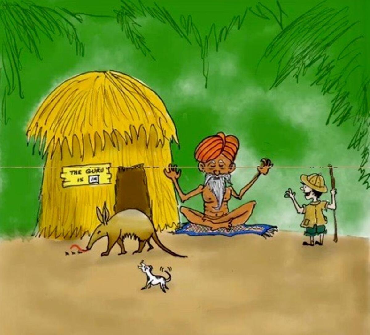 A scene from the book “THE WORLD (According to Professor Petey)” in which Petey meets a guru in Bujumbura. Author Steve Scott created this illustration using his iPad. The illustration is a winner of a 2017 Columbus Artists’ Guild Award.