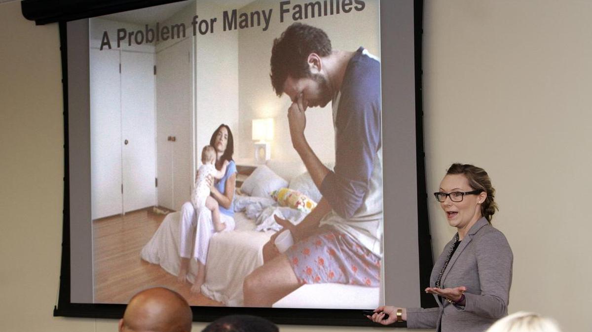 Katy Mallory presents the SlumberPod to prospective investors during the RiverCity Foundry startup accelerator Thursday at the Troy University-Phenix City Riverfront Campus. Mallory and her mother, Lou Childs, invented the "room-within-a-room" for babies and toddlers to sleep undisturbed when families travel.