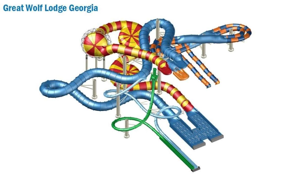 Here’s a rendering of the entire tubing that includes the new-concept Triple Thunder and Rapid Racer slides being introduced at Great Wolf Lodge when it opens this spring in LaGrange, Ga., south of Atlanta and north of Columbus, off Interstate 85. --