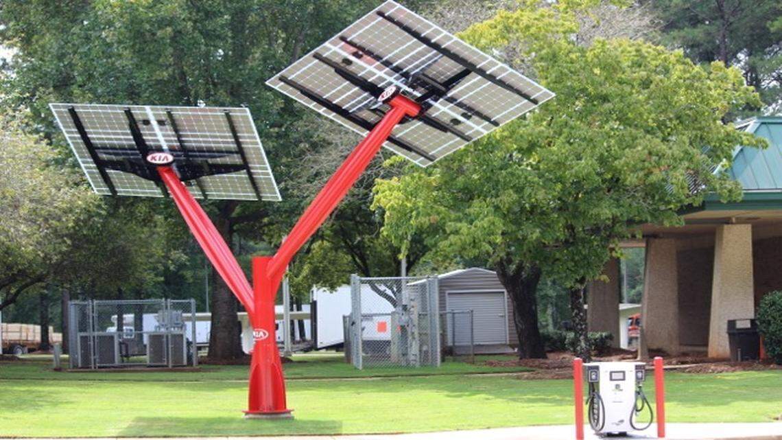 Georgia’s first solar-powered charging station was dedicated Wednesday at the state visitor information center in West Point, Ga. It has the ability to quick charge a vehicle to 80 percent of capacity in less than 45 minutes.
