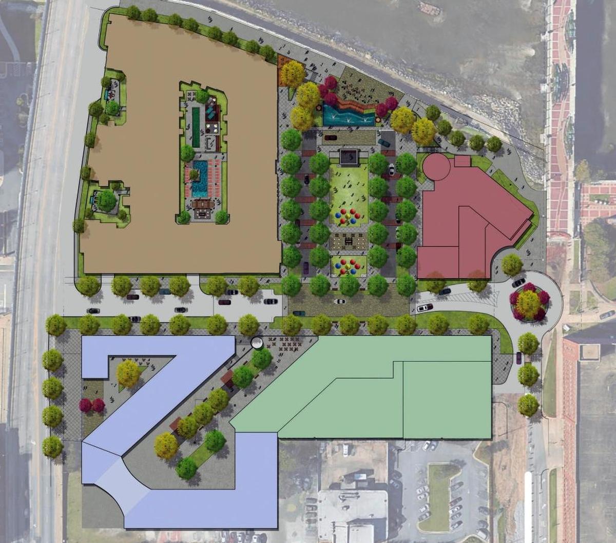 A preliminary site plan for the 7.5 riverfront acres W.C. Bradley owns between the 13th and 14th street bridge.