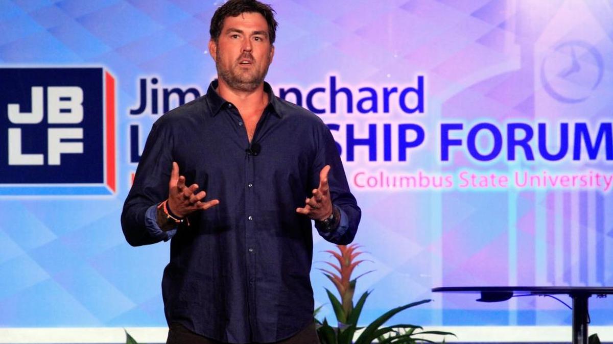Former U.S. Navy SEAL Marcus Luttrell, of “Lone Survivor” fame, recounts his story Tuesday at the Jim Blanchard Leadership Forum at the Columbus Convention and Trade Center in Columbus.