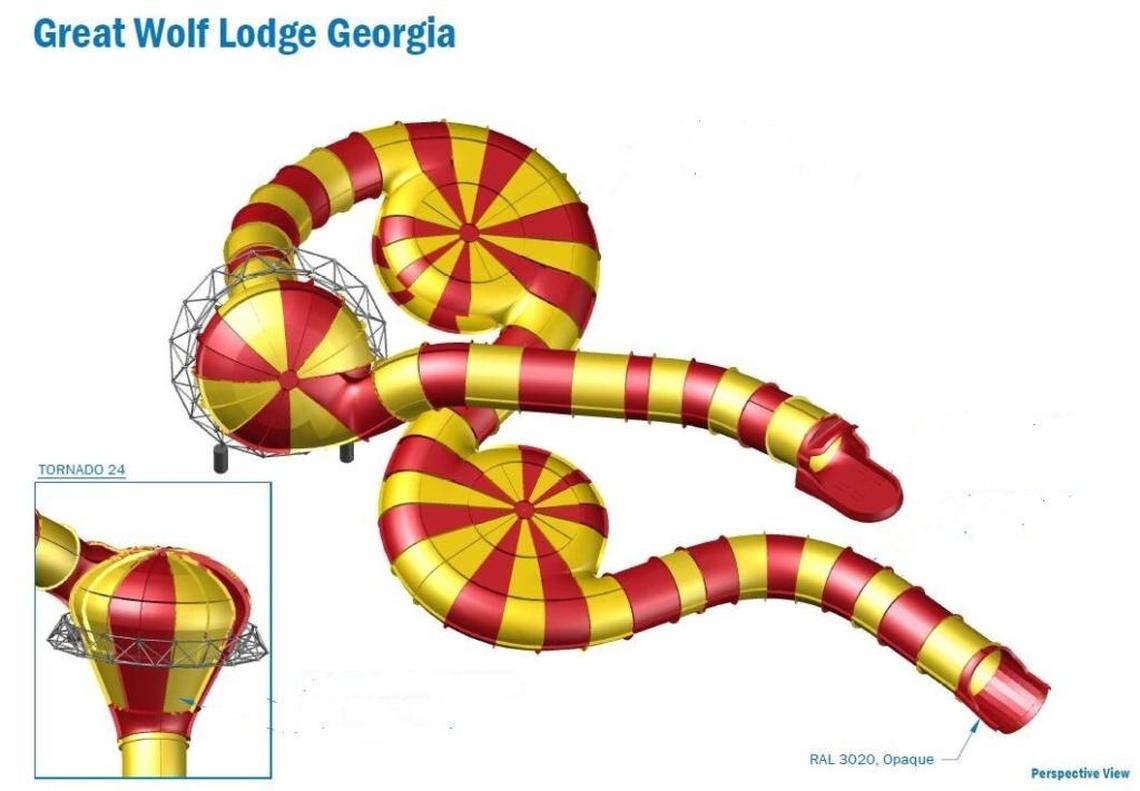 Here’s a rendering of the Triple Thunder slide, a new concept in North America, which will be introduced at Great Wolf Lodge when it opens this spring in LaGrange, Ga., south of Atlanta and north of Columbus, off Interstate 85. --