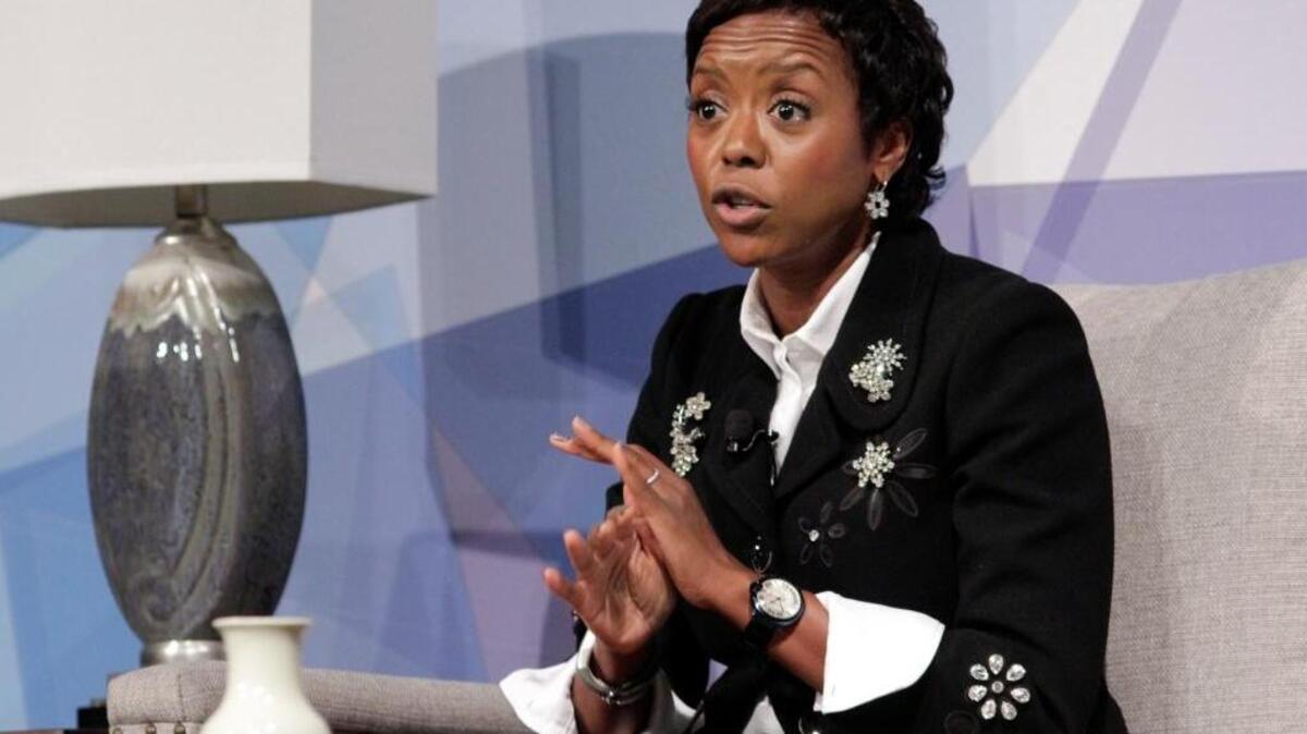 Mellody Hobson, president of Ariel Investments and chair of the board for DreamWorks Animation, is interviewed by Byron Pitts during the Bob Wright Symposium on Business Empowerment at the Columbus Convention & Trade Center.