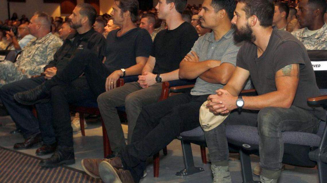 Joe Paull jpaull@ledger-enquirer.com The cast of 'Fury' consisting of writer director David Ayer, Brad Pitt, Logan Lerman, Michael Pena, and Shia LaBeouf prior to a screening of the film at Fort Benning Thursday afternoon.