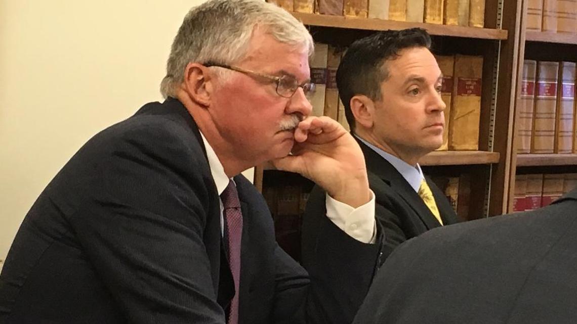 Columbus restaurateur Jamie Keating, right, and one of his attorneys Christopher P. Bussert of Atlanta during a hearing May 9 in front of Muscogee County Superior Court Judge Ron Mullins.