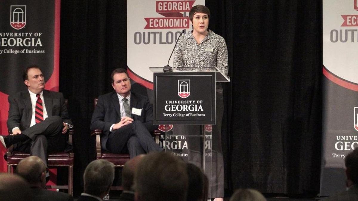 Alexandra Hill of the Selig Center for Economic Growth at the Terry College of Business, University of Georgia, presents the 2018 economic outlook for the Columbus area during the Georgia Economic Outlook luncheon Thursday at the Columbus Convention & Trade Center.