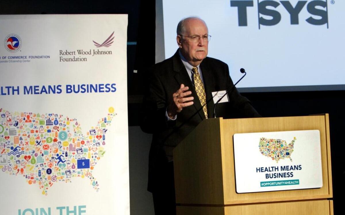 Ryland Harrelson, executive vice president and chief human resources officer at TSYS, talks about his company's efforts to promote good health among its employees worldwide. The Greater Columbus Chamber of Commerce hosted the "Health Means Business" regional forum at the Columbus State University Cunningham Center on Thursday. Spearheaded by the U.S. Chamber of Commerce Foundation, the event was sponsored by the Robert Wood Johnson Foundation and the Healthcare Georgia Foundation.