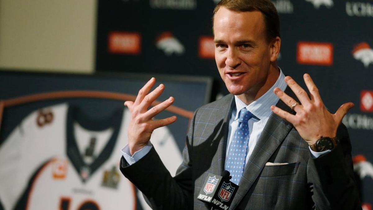 Peyton Manning speaks in March during his retirement announcement at the Denver Broncos headquarters in Englewood, Colo. The retired NFL star quarterback will be in Columbus Monday night. --