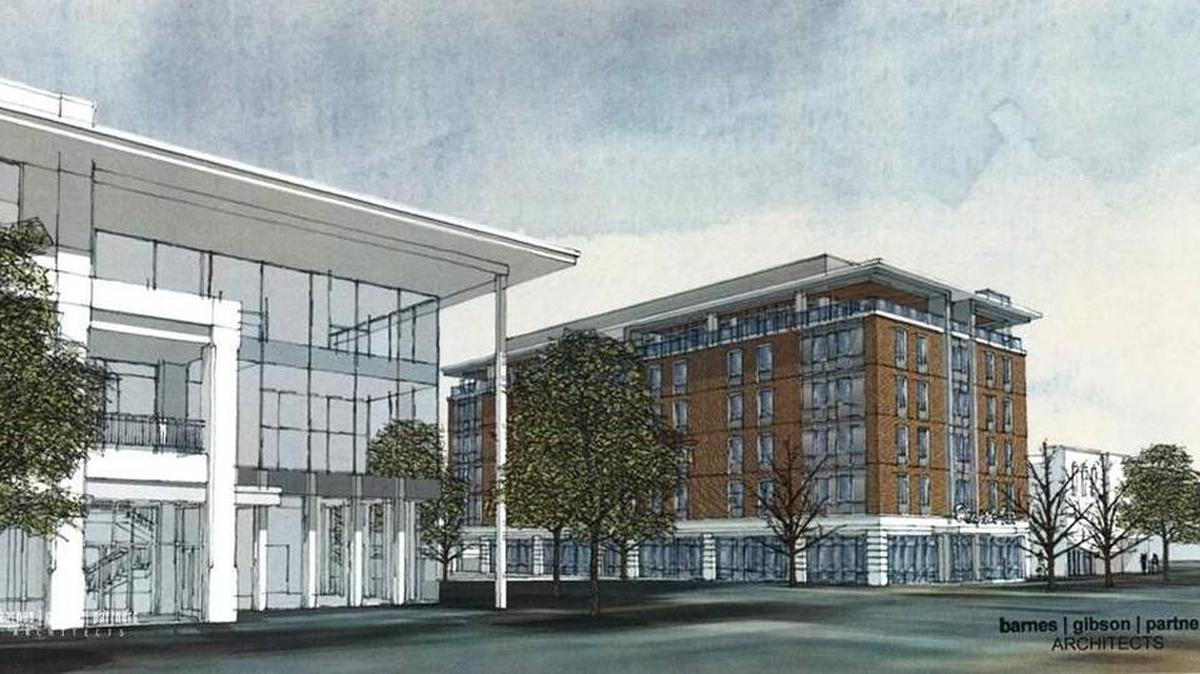 Architectural rendering of the proposed new 88-room downtown Columbus Hampton Inn that is being delayed because of concerns over construction costs.