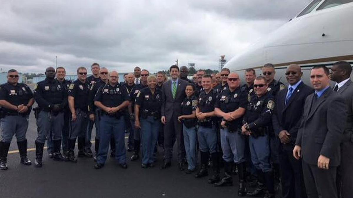 Some of the city’s finest, members of the Columbus Police Department, pose Monday at the Columbus Airport with U.S. Speaker of the House Paul Ryan during his visit to the city and the corporate headquarters of credit-card processor TSYS. The photo was posted on the department’s Facebook page Tuesday afternoon.
