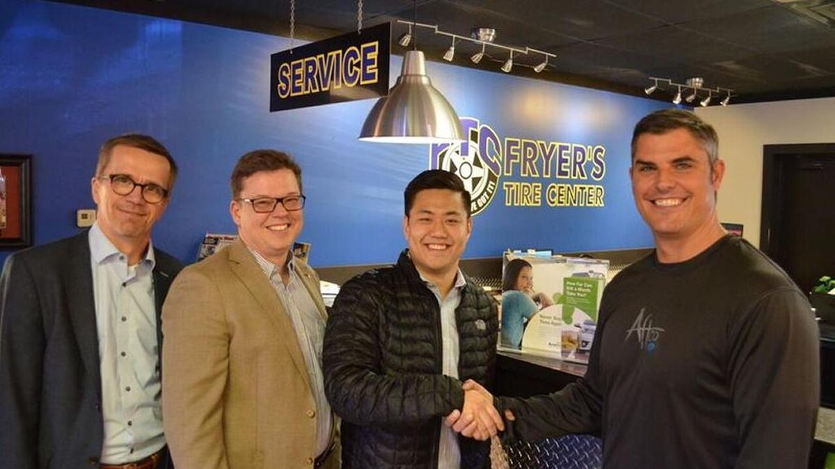 Sentury Tire has launched AvanTech, a monthly service in select markets with plans for expansion. Shown are Sentury Tire executives (l-r) Raimo Mansikkaoja, senior vice president on operations; Rami Helminen, chief executive officer and executive vice president; Frank Kim, Sentury Tire customer service manager; and Tracy Ward, owner of Fryer’s Tire Center in LaGrange. --